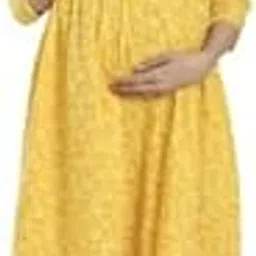 crafiqa Pre & Post Maternity/Nursing Wear Hand Block Printed Kurta Cum Midi Dress/Nighty with Both Sides Zipper Easy Feeding for to Be Moms & Nursing Mothers Cotton Yellow-picture-18