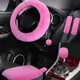 Wazzh 7PCS Set car Interior Aesthetic Accessories, Fluffy 15 inch Steering Wheel Cover, armrest pad, seat Belt Cover,Gear Shift Cover, Fit Girly car Accessories for Women.-picture-27