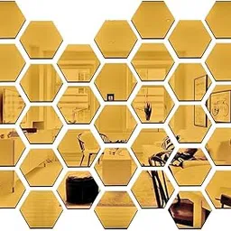 Chote Mote Seller - Hexagon (Size 10.5 cm x 12 cm) Stickers, Mirror Stickers for Wall, Acrylic Mirror Decor Sticker, Hexagonal Wall Sticker (Golden Pack of 30)-image-6