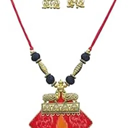 Sambalpuri Handcrafted Jewellery Necklace & Earring Set For Women Color- Samleswari Red/Blood Red-picture-33