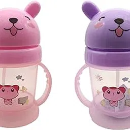 Te Quiti Baby Sipper Bottle Leakproof Durable BPA Free Non Toxic with Straw Combo Bunny Teddy Bear Design Water Bottle with Sipper for Kids Girls & Boys Pink & Purple Color-picture-13