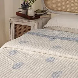 Peepul Tree Hand Block Printed Pure Cotton AC Blanket Single Bed | Beautiful Floral Cotton AC Quilt Jaipuri Razai | Reversible & Breathable AC Comforter | 60x90 inches | Single Bed (Offwhite & Blue)-picture-18