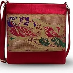 Traditional Banarasi Silk Sling Bag, Gold Zari Pattern, Adjustable Strap-picture-13