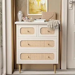 goldveiw Furniture Modern 4-Drawer Dresser with Rattan Front Panels, White and Natural, Gold Metal Legs White Finish Wooden Storage Cabinet.-picture-12