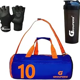 GROUPERS Combo Set of Duffle Polyester Bag with Shaker Bottle-700ml & GloveslSports & Travel Bag (Blue 10)-picture-13