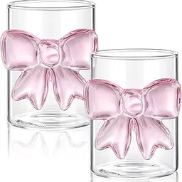 MYNA LIFE 2 Pack Pink Bow Glass Cups 300 ml Juice Coffee Milk Mug with Cute Bow Design for Hot and Cold Beverages Cocktail Glass Cups Glassware for Women Friends Wedding Party Gift-picture-12
