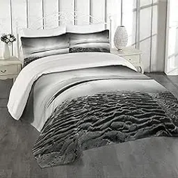 Ambesonne Black and White Coverlet, Idyllic Sunrise at The Beach Rippled Seashore Dramatic View Image, 3 Piece Decorative Quilted Bedspread Set with 2 Pillow Shams, Queen Size, Black White Grey-image-43