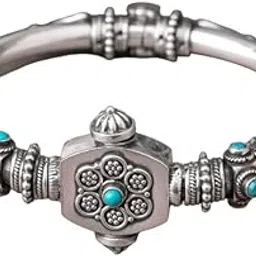 925 Sterling Silver Bangle/Bracelet, Tattva Intricate Vintage Inspired Turquoise Stone Classic Kada, Well Stamped with 925,Traditional Silver Chudi, Handcrafted Silver Bangle Kada, Gift for Her-image-2
