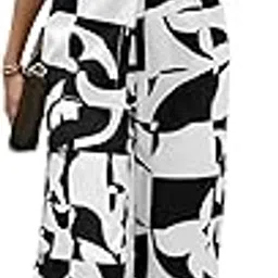 Women's Geometric Print Co-ords Set - Short Sleeve Open Collar Shirt and Wide-Leg Pants Ensemble-image-24