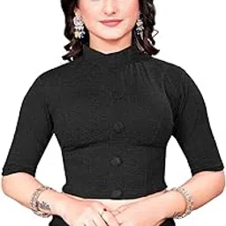 deltin hub Women's Readymade Saree Blouse | Stretchable Cotton Lycra Dobby Crush Blouse | High Neck Mandarin Collar | Half Sleeve with Button and Zip Closure | Stylish Blause for Casual-picture-25