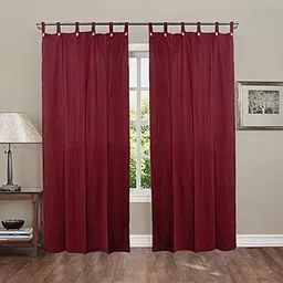 alemah 5 Feet Cotton Solid Pattern Non Blackout Light Filtering Semi Darkening Temperature Control Quick Button Type Loop Tab Top Window Curtain, Maroon, Pack of 2 Pieces.-picture-50