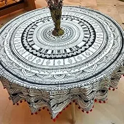 Miyanbazaz Textiles 100% Cotton Round Table Cover Dining Tablecloth 6 Seater Table Cover (Black & White)-picture-12