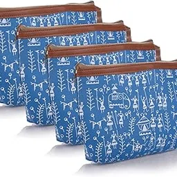 Kuber Industries Toiletry Pouch|Warli Print Travel Cosmetic Pouch|Canvas Waterproof Makeup Pouch with Handle|Pack of 4 (Blue)-picture-30