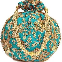 Sage Rajasthani Embroidery Women | Bridal Potli Bag | Purse with Pearl Beaded Handle For Wedding | Gifting | Party Function-picture-36