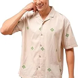 the indian garage co Men Cotton Relaxed Fit Placement Embroidered Half Sleeves Cuban Collar Resort Wear Shirt-picture-29