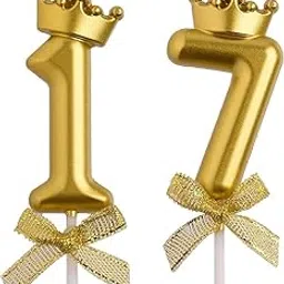 Party Port Shiny Gold Number 17 Crown Candle | Birthday Cake Metallic Gold Number Candle | Crown on Top for Anniversary Cake Topper 17th Birthday Cake Decoration-picture-11