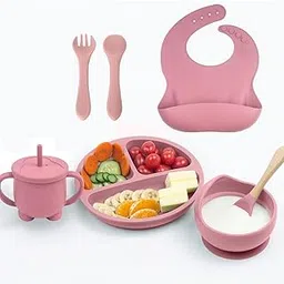 Snivy 6-Pc Silicone Baby Feeding Set, Food-Grade Baby Led Weaning Supplies with Suction Bowl, Divided Plate, Bib, Sippy Cup, Spoon & Fork, Dishwasher Safe Self-Feeding Utensils for Toddlers (Pink)-image-80