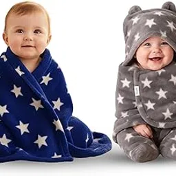 OYO BABY Baby Blankets Combo | for New Born Babies Baby Boys, Baby Girls, Babies for 0-6 Months, Fleece, Skin Friendly, 2 Blankets (Star Dark Blue Square + Star Grey Hooded)-image-49