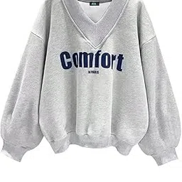 sxv style Comfort in Paris Printed V Neck Letter Graphic Drop Shoulder Grey Baggy Oversized Sweatshirt-picture-13