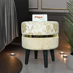 FLIPSSHOPPEE Footrest Ottoman Upholstered Foam Cushioned Pouffe Makeup Vanity Stool Side Table, with 4 Wooden Legs Pouf Couch Stool for Living Room Bedroom Office (18-Inch Height.)(Cream) image 1