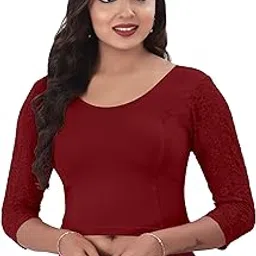 desi girl Round Neck Cotton Lycra Regular Fit Saree Blouse for Women | 3/4 Net Sleeve Readymade Stretchy Plain Design Festive Blouse Perfect for Saree, Lehenga, Kurti | 32 to 44-picture-13