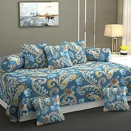 HOMICON Premium Glace Cotton 8 Pieces Diwan Cover Set with 1 Single Diwan Bedsheet, 2 Bolster Covers and 5 Cushions Cover, Grey (Grey) (Blue)-image-12