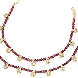 GLOSSY - Traditional Pearl & Red Color Glass beads Payal Anklets for Women & Girls Delicate Antique Gold Plated Anklets Indian Payal Golusu boho jewelry Delicate Chain Set of 1 Pair-picture-13