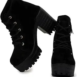 shireen Women's Block Heel Ankle Boots, Black Suede, Platform Fashion Boots, Casual Winter Footwear-picture-36