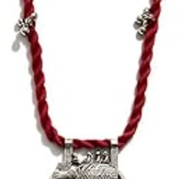 Antique Silver Elephant Pendant Necklace with Red Thread, Traditional Indian Design, Metal Ghungroo Bells-picture-39