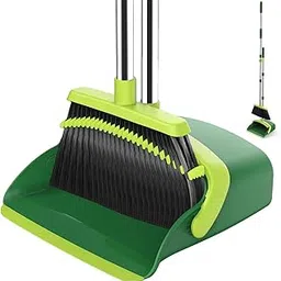 Stainless Steel Broom and Dustpan Set, 52-in Long Adjustable Handle Broom Dustpan Combo with Dustpan Teeth to Automatically Clean Hair Suitable for Home Kitchen Office Hall Floor?Grey&Orange? (Green) image 1