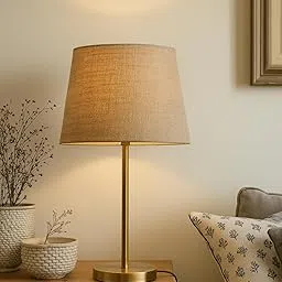 F.I Table Lamp Modern Sleek Brass Finish with Jute Lampshade, Lamp for Living Room, Decoration (with ON/Off Switch, Without Bulb) Bedside Table Lamps for Bedroom-image-0