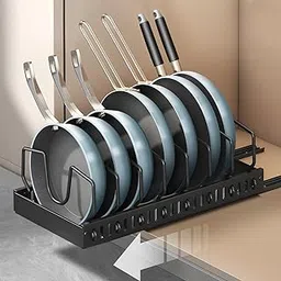 ABJA [Popular in US Market: Pull-Out Pan & Pot Organizer] Pan, Pot & Tawa Stand for Kitchen, Pan Organizer Rack for Kitchen with Adhesive Nano Film, 8 Adjustable Dividers, Black-picture-10