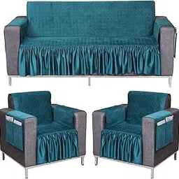 Gifts Island® Soft Velvet Quilted Frill 5 Seater Sofa Cover with Pocket Arms | Sofa Cover Mat | Non-Slip Couch Cover for Living Room | Pack of 3+1+1 Seater Sofa Cover | (Teal)-picture-23