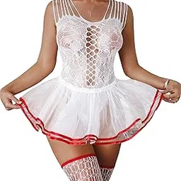 ssoshhub Sexy Women's Lingerie Set - Lace Babydoll Outfits 3 Pieces Fishnet Bodysuit and Mini Skirt with Stockings-picture-25