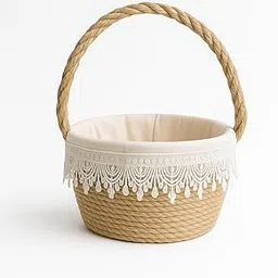 REGAL HOMEWARE Decorative Rope Basket with Handle | Small Handmade Jute Basket with Lace Lining | Rustic Storage Basket for Gift Hamper, Table Decor, Wedding & Home Use (4 Inch Wide, Beige)-image-0