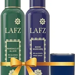 Lafz Non Alcohol Body Spray Candle combo (Makhallat Al Aud & Rooh Mashariq) for Men-150 Ml Each (Pack of 2) image 1