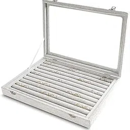 BucketList Women's Velvet Glass Ring Earrings Jewelry Box - Display Storage Showcase Holder Organizer (100 Slot Ring Jewellery Box-Grey)-image-25
