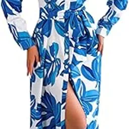 gufrina Women's Full Sleeve Collar Neck Western Dress - Floral Print Maxi Dress with Slit and Tie-Up Belt-picture-54