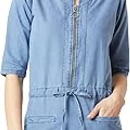 miss chase Women's Polo Neck Rolled Up Full Sleeve Denim Solid Buttoned A-Line Mini Dress-picture-43