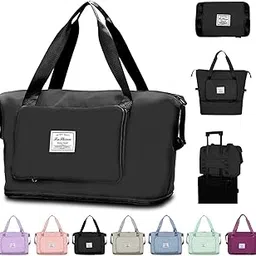 fokashe Foldable Duffle Large Capacity Travel Bag, Waterproof, Lightweight Carry on Luggage Bags with Fixed Strap, Dry and Wet Separation, Multiple Colours (Black) image 1