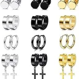 Valentine jewellery Stainless Steel Mens Earrings Combo Black Gold Silver Piercing Screw Bali Stud Hoops Earing Multicolor Earrings Combo for men boys Unisex-image-99
