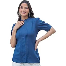yash gallery Women's Rayon Dobby Solid Straight Half Puff Sleeve High Neck Casual Regular Fit Top-picture-41
