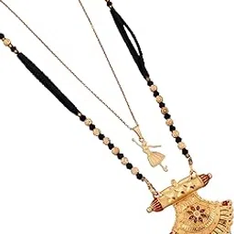 malkyn Women's Gold Plated Traditional Indian Mangalsutra Necklace with Intricate Peacock and Floral Pendant, Enamel Work, and a Delicate Ballerina Charm Layered Set-MD-152-picture-10