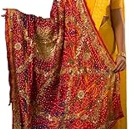 KCPC Pure Georgette Bandhani Chunri Dupatta for Women Traditional Rajasthani Tie-Dye with Heavy Golden Embroidery-image-3