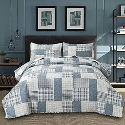 Blue White Plaid Quilts King Size Lightweight Patchwork Quilt Summer Soft Breathable Check Bedspread Gingham Bedding Checker Pattern Coverlet Bed Cover Set Geometric Home Decor-picture-29