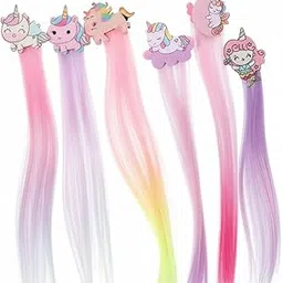 Magical Unicorn Hair Extensions for Girls, Colorful Synthetic Clip-in Pieces with Cartoon Character Toppers, Kids Party Dress Up Accessories, (1 Piece)-image-90