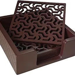 House of NIAM Wooden Coaster Set with Laser Cut Design | Set of 6 with Holder | Decorative Tea & Coffee Cup Coasters for Home, Office & Dining Table (Brown)-picture-16