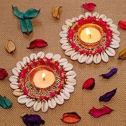 Saudeep India Set of 2 Diwali Tealight Candle Holders | Sea Stone Kaudi Decorative Tea Lights | Reusable Tealights for Diwali Decoration, Pooja, Home Decor, Wedding & Festive Gifts-picture-18