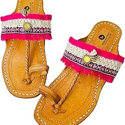 pehnawacraft Rumani Boho Original Kolhapuri ethnic flats for Women | Leather fancy kollapur chappal | Stylish ladies Bridal sandal | Traditional kolapuri footwear | colapuri for girls | Pink color-picture-34