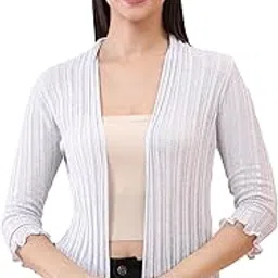 noquo Women's Ribbed Stylish Cotton Blend Shrug | Open-Front Three-Quarter Sleeve Outerwear | Casual Wear. (in, Alpha, S, Regular, Light Grey)-picture-24